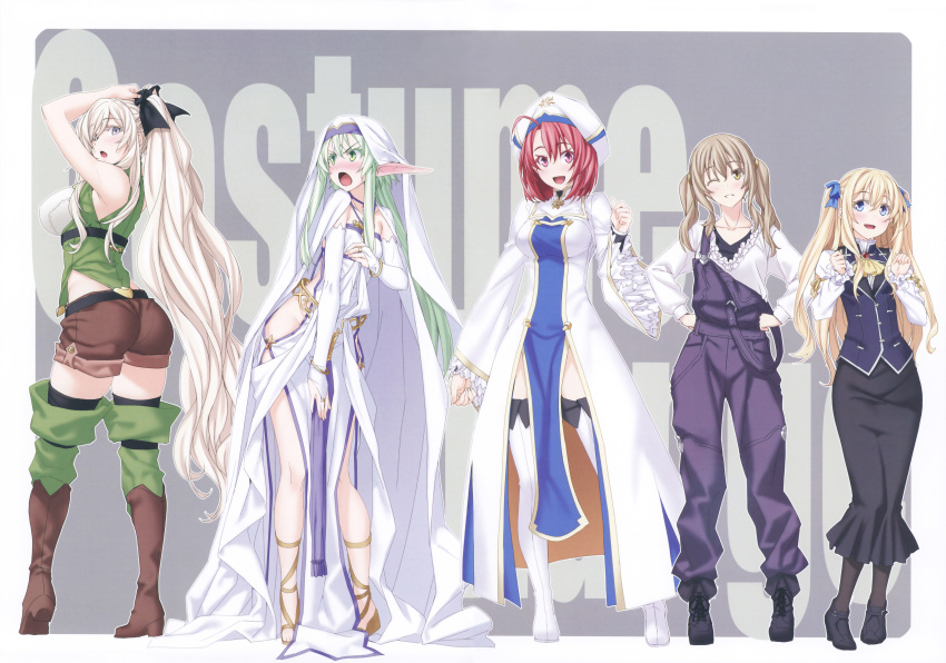 5girls ;) absurdres ahoge arms_up ascot ass black_legwear blonde_hair blush boots bracelet breasts bridal_gauntlets brown_hair cosplay costume_switch cow_girl_(goblin_slayer!) dress elbow_gloves elf eyebrows_visible_through_hair fingerless_gloves gloves goblin_slayer! green_eyes green_hair guild_girl_(goblin_slayer!) habit hat high_elf_archer_(goblin_slayer!) high_heels highres jewelry kannatsuki_noboru large_breasts long_hair long_skirt long_sleeves looking_at_viewer multiple_girls official_art one_eye_closed open_mouth overalls parted_lips pelvic_curtain pointy_ears ponytail priestess_(goblin_slayer!) red_eyes redhead sandals scan short_hair sidelocks skirt small_breasts smile standing strap_slip sword_maiden thigh-highs thigh_boots twintails two_side_up tying_hair very_long_hair vest white_footwear white_gloves