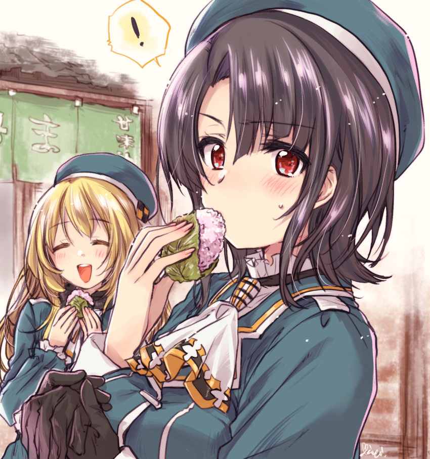 ! 2girls atago_(kantai_collection) beret black_gloves black_hair blonde_hair blue_headwear breasts closed_eyes commentary_request eating food gloves gloves_removed hat highres kantai_collection kuroi_mimei large_breasts long_hair military military_uniform mochi multiple_girls red_eyes sakura_mochi short_hair single_glove spoken_exclamation_mark stall takao_(kantai_collection) uniform upper_body wagashi