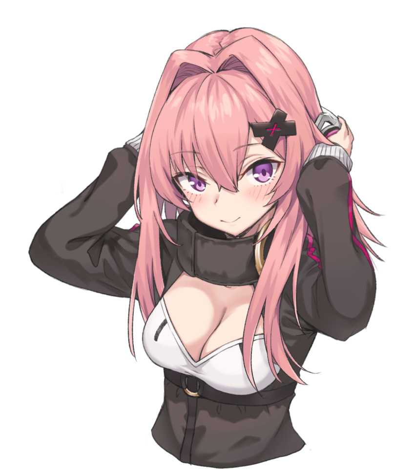 1girl blush breasts cleavage closed_mouth eyebrows_visible_through_hair girls_frontline hair_between_eyes hair_intakes hair_ornament hairclip highres ivan_wang k31_(girls_frontline) long_hair long_sleeves looking_at_viewer medium_breasts pink_hair sidelocks simple_background solo tactical_clothes upper_body violet_eyes white_background