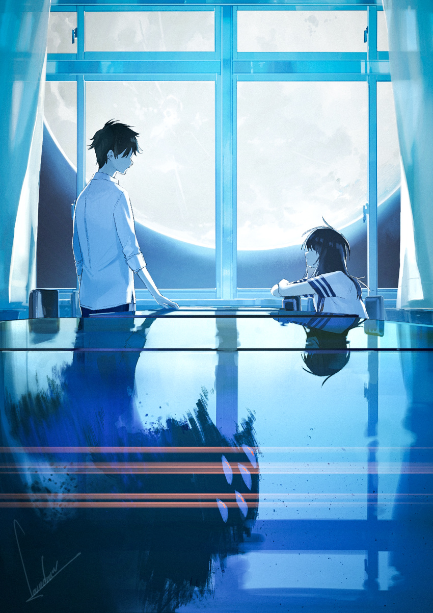 1boy 1girl blue curtains desk different_reflection full_moon hair_over_eyes highres long_hair loundraw monster moon moonlight night original reflection school_uniform short_hair signature sitting window