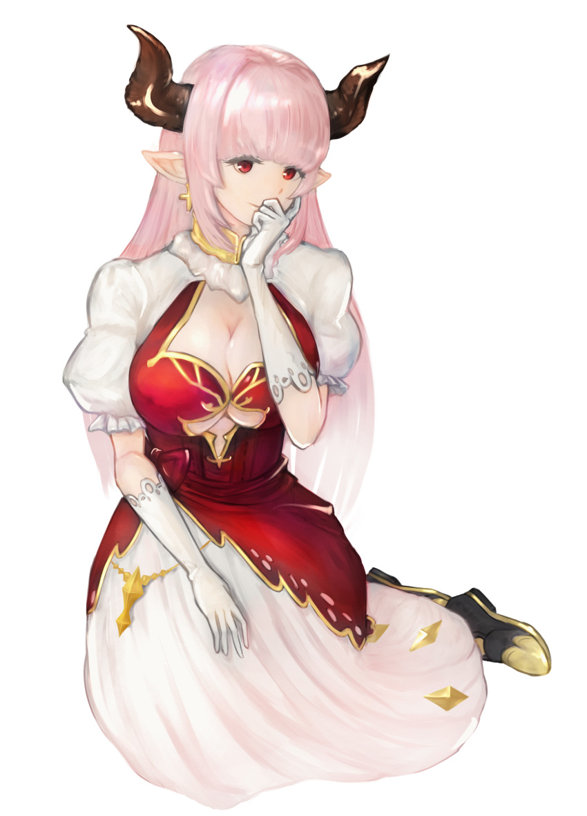 1girl absurdres alicia_(granblue_fantasy) boots breasts cleavage cleavage_cutout commentary_request cross cross_earrings draph dress earrings gloves granblue_fantasy hand_to_own_mouth highres horns jewelry large_breasts long_hair pink_hair red_dress red_eyes sayuumigi solo white_dress white_gloves