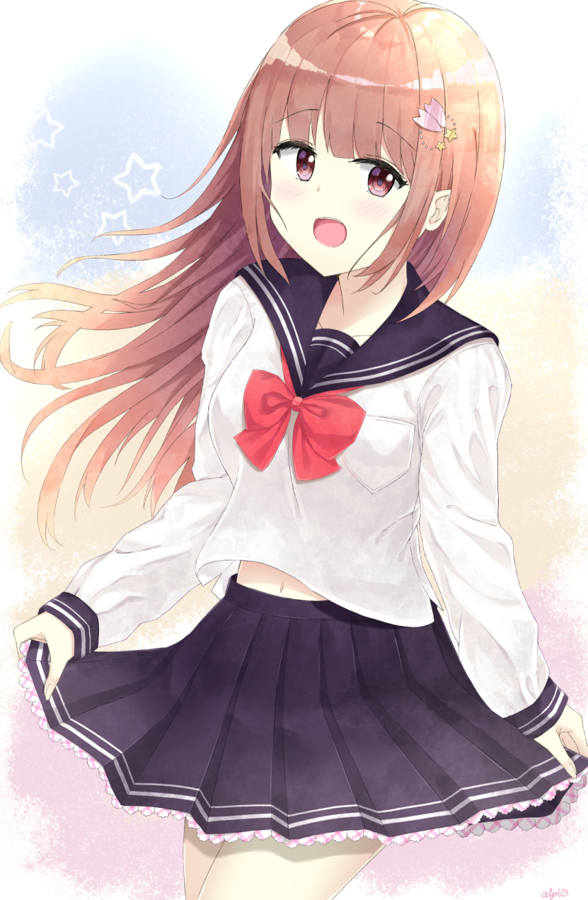 1girl 7_calpis_7 :d bangs black_sailor_collar black_skirt blush bow breasts brown_eyes brown_hair collarbone commentary_request eyebrows_visible_through_hair fingernails hair_ornament hairclip highres long_hair long_sleeves looking_at_viewer navel open_mouth original pleated_skirt red_bow sailor_collar school_uniform serafuku shirt skirt skirt_hold sleeves_past_wrists small_breasts smile solo star very_long_hair white_shirt