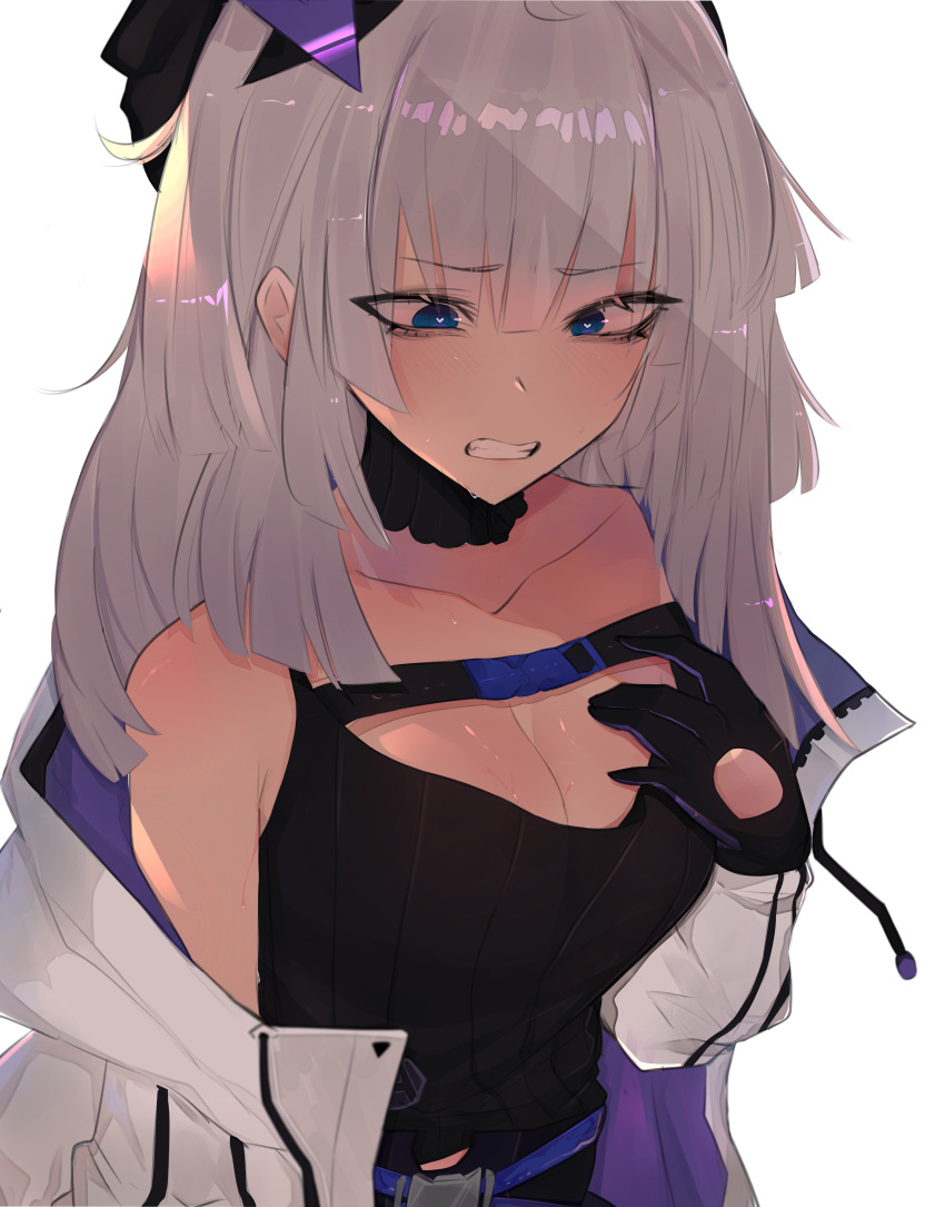 1girl aa-12_(girls_frontline) absurdres bangs black_gloves blue_eyes breasts choker cleavage coat collarbone eyebrows_visible_through_hair girls_frontline gloves heart heart-shaped_pupils highres huge_filesize oni_noodle parted_lips ribbed_sweater silver_hair simple_background solo sweater symbol-shaped_pupils teeth upper_body white_background