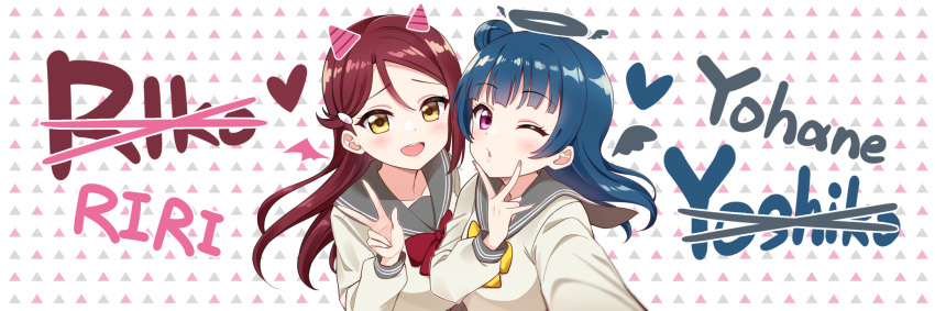 2girls :d ;o bangs blue_hair blunt_bangs blush bow character_name deadnooodles detached_wings eyebrows_visible_through_hair grey_sailor_collar hair_ornament hairclip halo heart highres horns long_hair long_sleeves looking_at_viewer love_live! love_live!_sunshine!! multiple_girls nail_polish one_eye_closed open_mouth parted_lips pink_nails purple_bow purple_hair sailor_collar sakurauchi_riko school_uniform serafuku shirt smile triangle tsushima_yoshiko upper_body uranohoshi_school_uniform v violet_eyes white_shirt wings yellow_bow yellow_eyes