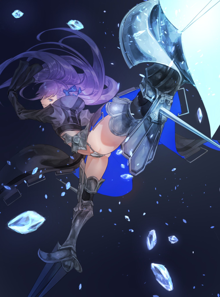 1girl armor armored_boots black_jacket blue_bow blue_eyes blue_ribbon boots bow dark_background debris fate/extra fate/extra_ccc fate/grand_order fate_(series) flat_chest foreshortening greaves hair_ribbon high_collar highres ice_shard jacket juliet_sleeves kicking long_hair long_sleeves looking_at_viewer makitoshi0316 meltlilith prosthesis prosthetic_leg puffy_sleeves purple_hair ribbon sleeves_past_fingers sleeves_past_wrists smile solo spikes standing standing_on_one_leg thighs very_long_hair very_long_sleeves