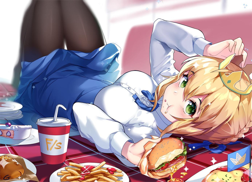 1girl ahoge artoria_pendragon_(all) black_legwear blonde_hair blue_ribbon cake casual cherry commentary crown dessert dorayaki fate/grand_order fate/stay_night fate_(series) flag food food_on_face french_fries fruit gendo0032 green_eyes hair_bun hair_ribbon hamburger ketchup pantyhose ribbon saber solo sparkle wagashi