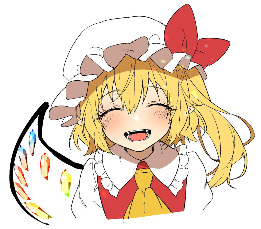 1girl ascot blonde_hair bow closed_eyes crystal flandre_scarlet frilled_shirt_collar frills hair_between_eyes hat hat_bow highres kuronohana mob_cap open_mouth red_bow red_vest shirt simple_background single_wing solo teeth touhou vest white_background white_headwear white_shirt wings