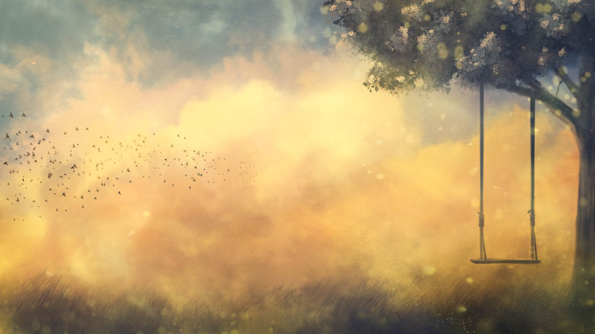 akyuun bird clouds cloudy_sky commentary flock grass highres light_particles no_humans original scenery sky sunset swing tree