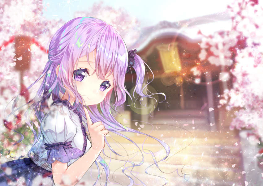 1girl azur_lane bangs black_ribbon black_skirt blue_sky blurry blurry_background blush breasts cherry_blossoms closed_mouth commentary_request day depth_of_field eyebrows_visible_through_hair flower hair_between_eyes hair_ribbon hand_up heart heart-shaped_pupils index_finger_raised long_hair one_side_up outdoors pink_flower puffy_short_sleeves puffy_sleeves purple_hair ribbon sawa_(sawasaku) shirt short_sleeves skirt sky small_breasts smile solo symbol-shaped_pupils unicorn_(azur_lane) very_long_hair violet_eyes white_shirt