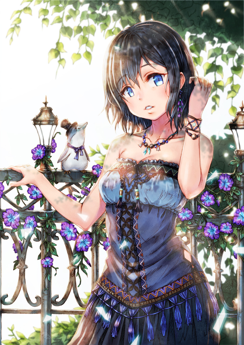 1girl black_hair blue_dress blue_eyes bracelet breasts cleavage collarbone day dress flower hair_between_eyes hair_ornament hand_in_hair highres jewelry looking_at_viewer medium_breasts necklace original outdoors parted_lips purple_flower sho_(sumika) short_hair sleeveless sleeveless_dress solo standing strapless strapless_dress white_background