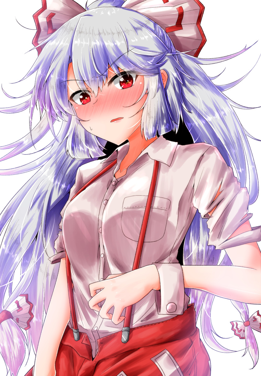 1girl bangs blush bow breast_pocket breasts commentary_request cowboy_shot eyebrows_visible_through_hair fujiwara_no_mokou hair_between_eyes hair_bow highres long_hair looking_at_viewer medium_breasts nose_blush ofuda open_fly oshiaki pants parted_lips pocket red_eyes red_pants shirt short_sleeves silver_hair simple_background solo standing suspenders sweat torn_clothes torn_sleeves touhou v-shaped_eyebrows very_long_hair white_background white_bow white_shirt wing_collar wrist_cuffs