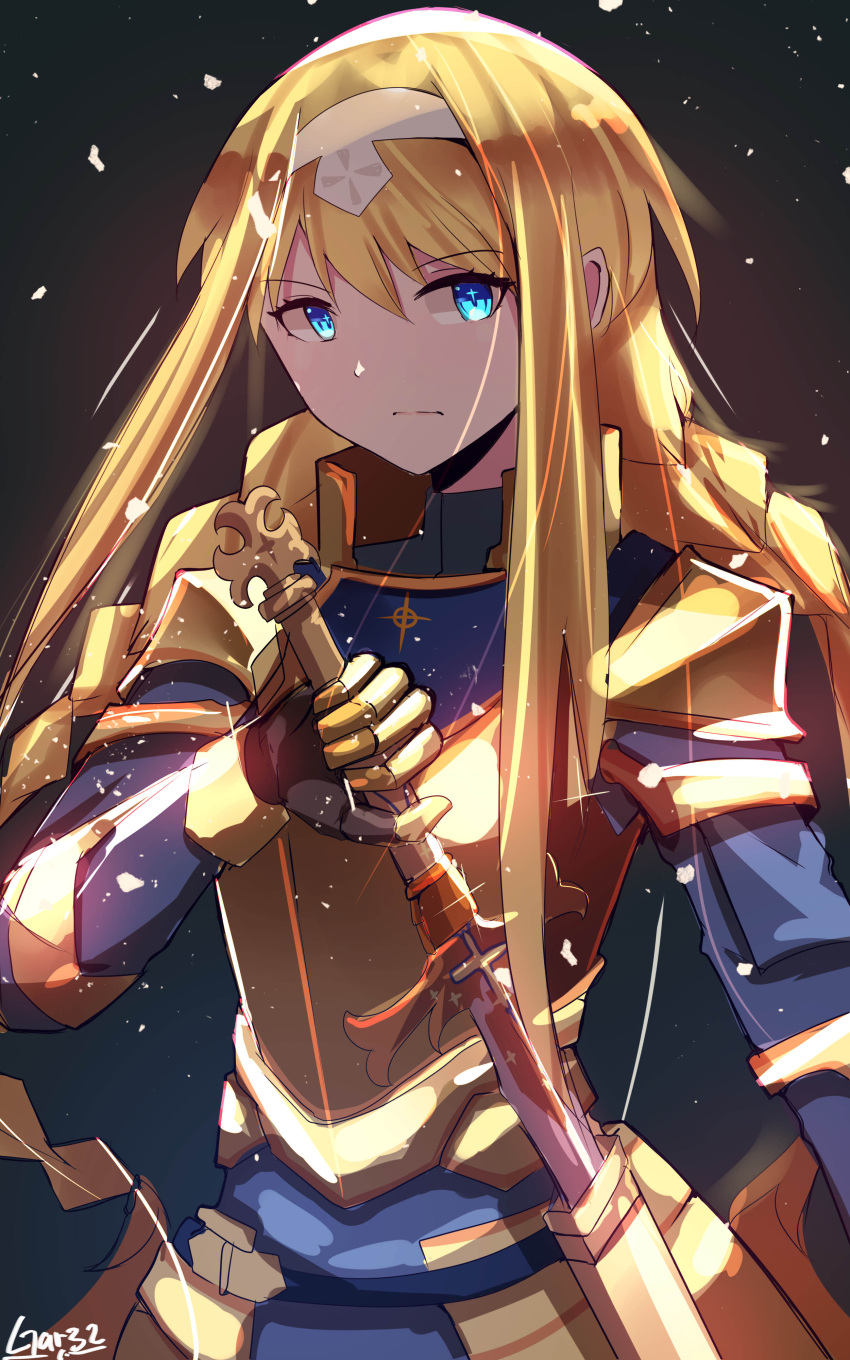 1girl absurdres alice_schuberg armor artist_name blonde_hair blue_eyes braid cowboy_shot hair_between_eyes highres knight long_hair sheath sidelocks solo sword sword_art_online tegar32 unsheathing weapon