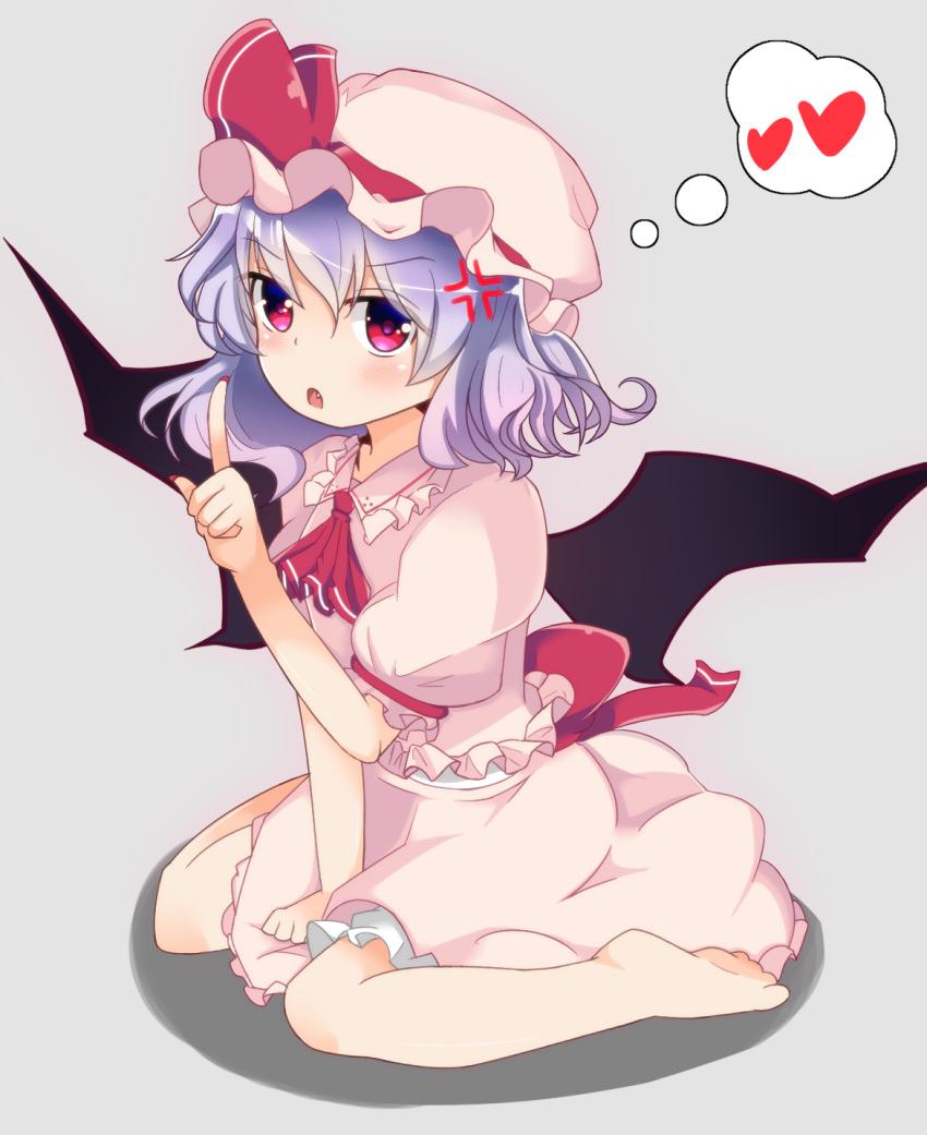 1girl anger_vein arm_support ascot bangs barefoot bat_wings blue_hair blush commentary_request dress eyebrows_visible_through_hair fang frilled_shirt_collar frills full_body hair_between_eyes hand_up hat hat_ribbon heart highres ibara_kashipan index_finger_raised looking_at_viewer mob_cap nail_polish open_mouth pink_dress pink_eyes pink_headwear puffy_short_sleeves puffy_sleeves red_nails red_neckwear red_ribbon remilia_scarlet ribbon shadow short_sleeves sitting solo thought_bubble touhou v-shaped_eyebrows wariza wings
