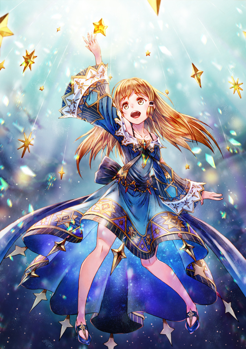 1girl arm_up blonde_hair blue_dress blue_footwear dress floating_hair full_body hair_tubes highres long_hair open_mouth original outstretched_arm print_dress sho_(sumika) solo standing yellow_eyes