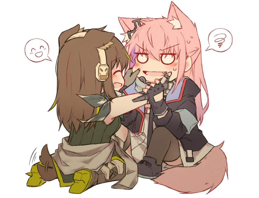 2girls animal_ear_fluff animal_ears black_legwear brown_hair cat_ears cat_tail closed_eyes clothes_around_waist dog_ears dog_tail eyebrows_visible_through_hair fingerless_gloves girls_frontline gloves headphones highres jacket jacket_around_waist long_hair long_sleeves m4a1_(girls_frontline) multiple_girls open_mouth pink_hair simple_background sitting sleeveless st_ar-15_(girls_frontline) tail tail_wagging thigh-highs white_background yuutama2804