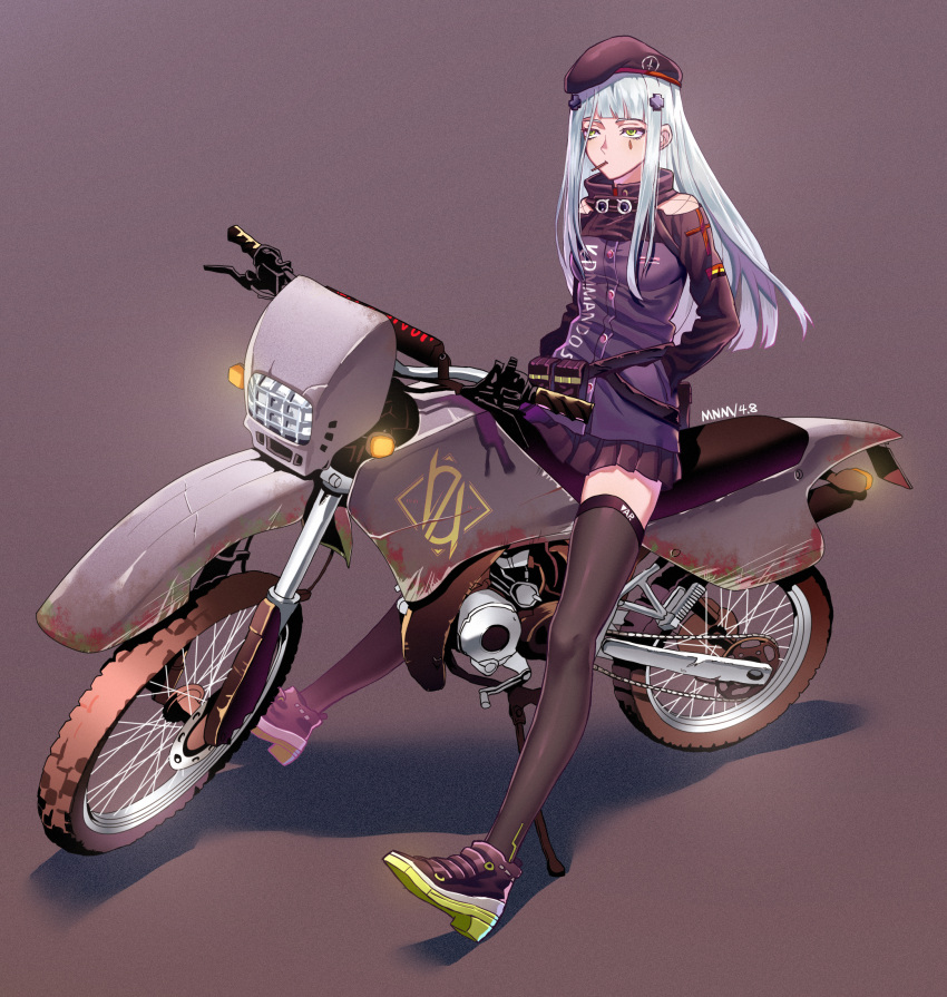 1girl bangs bare_shoulders belt belt_buckle black_footwear black_headwear black_legwear black_skirt blue_hair blunt_bangs breasts buckle clothes_writing commentary_request expressionless facial_mark full_body girls_frontline goggles goggles_around_neck green_eyes ground_vehicle hair_ornament half-closed_eyes hands_in_pockets high_collar highres hk416_(girls_frontline) jacket long_sleeves looking_afar looking_away makise_medaka miniskirt motor_vehicle motorcycle mouth_hold panties purple_background purple_jacket shoes shoulder_cutout sidelocks sitting skirt small_breasts solo straight_hair thigh-highs underwear zettai_ryouiki