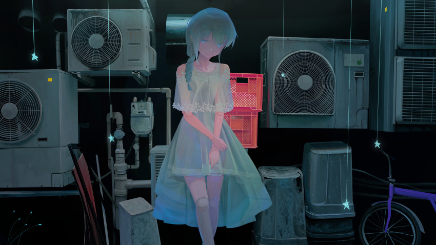 1girl absurdres air_conditioner aqua_eyes aqua_hair banishment bicycle collarbone commentary contrast dark doll_joints dress ground_vehicle highres huge_filesize long_hair looking_at_viewer original solo star trash_can white_dress