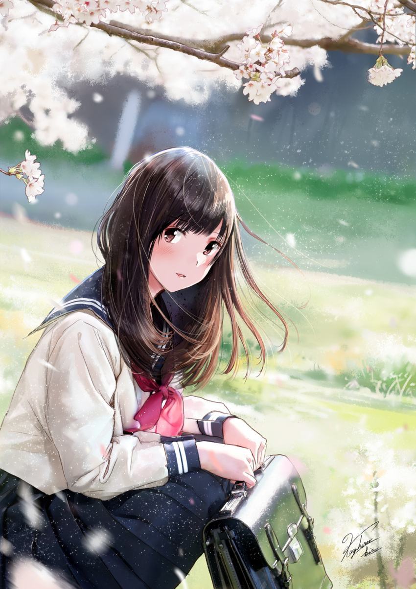 1girl artist_name bag blue_skirt blurry blurry_background branch brown_eyes brown_hair cherry_blossoms commentary_request depth_of_field highres holding holding_bag kazuharu_kina long_hair long_sleeves looking_at_viewer neckerchief original outdoors petals pleated_skirt red_neckwear sailor_collar school_bag school_uniform serafuku shirt signature sitting skirt solo white_shirt