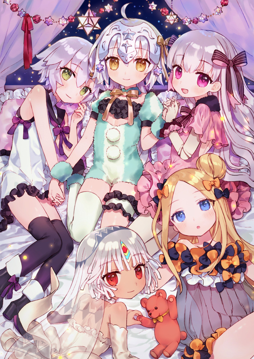 5girls :d abigail_williams_(fate/grand_order) absurdres ahoge altera_(fate) bangs bare_shoulders bed black_bow black_legwear blonde_hair blue_eyes bow canopy_bed commentary_request dark_skin doll_joints eyebrows_visible_through_hair eyes_visible_through_hair fate/grand_order fate_(series) frilled_pillow frills garters green_eyes hair_between_eyes hair_bow hair_bun hair_ribbon hand_holding headpiece high_heels highres interlocked_fingers jack_the_ripper_(fate/apocrypha) jeanne_d'arc_(fate)_(all) jeanne_d'arc_alter_santa_lily leg_garter long_hair lying multiple_girls nekoremon nursery_rhyme_(fate/extra) on_bed open_mouth orange_bow pillow pom_pom_(clothes) puffy_short_sleeves puffy_sleeves red_eyes ribbon see-through short_hair short_sleeves side_bun silver_hair sitting smile stuffed_animal stuffed_toy teddy_bear thigh-highs violet_eyes white_legwear