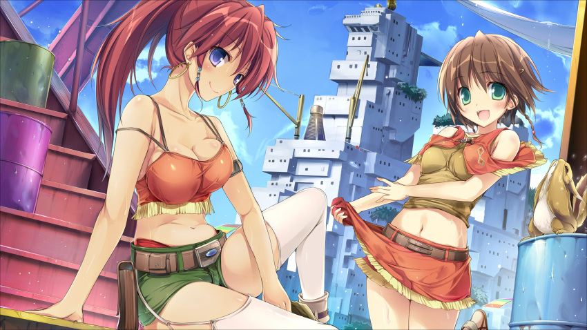 2girls :d absurdres amy_(suisei_no_gargantia) animal aqua_eyes armlet bangs bellows_(suisei_no_gargantia) belt blue_eyes blue_sky blush braid breasts brown_hair bucket cleavage closed_mouth clouds cloudy_sky collarbone cowboy_shot day earrings end_card eyebrows_visible_through_hair fang fringe_trim green_eyes hair_between_eyes highres hoop_earrings jewelry karory large_breasts long_hair looking_at_viewer medium_breasts midriff multiple_girls navel ocean open_mouth outdoors ponytail redhead short_hair short_shorts shorts sidelocks skirt sky smile stairs standing suisei_no_gargantia thigh-highs