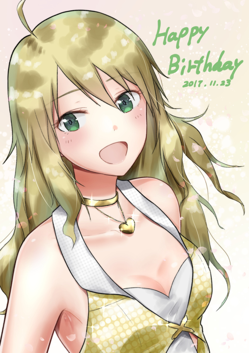 1girl 2017 :d ahoge blonde_hair breasts choker cleavage collarbone dated eyebrows_visible_through_hair gradient gradient_background green_eyes grey_background hair_between_eyes happy_birthday heart heart_necklace highres hoshii_miki idolmaster idolmaster_(classic) jewelry long_hair looking_at_viewer medium_breasts mogskg necklace open_mouth shiny shiny_hair sleeves smile solo straight_hair upper_body white_background