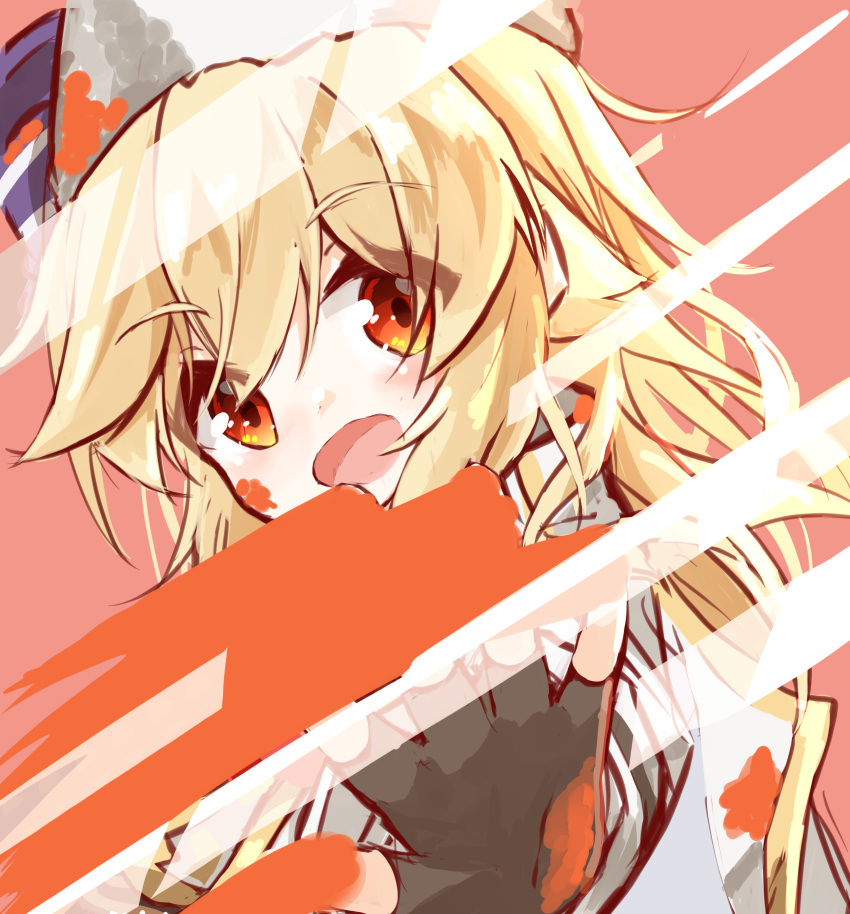 1girl :d absurdres against_fourth_wall bangs black_gloves blonde_hair brown_background commentary_request eyebrows_visible_through_hair fingerless_gloves fourth_wall fur_hat girls_frontline gloves hair_between_eyes hat highres jacket long_hair looking_at_viewer matsuo_(matuonoie) nagant_revolver_(girls_frontline) open_mouth paint_splatter red_eyes shirt simple_background smile solo white_headwear white_jacket white_shirt
