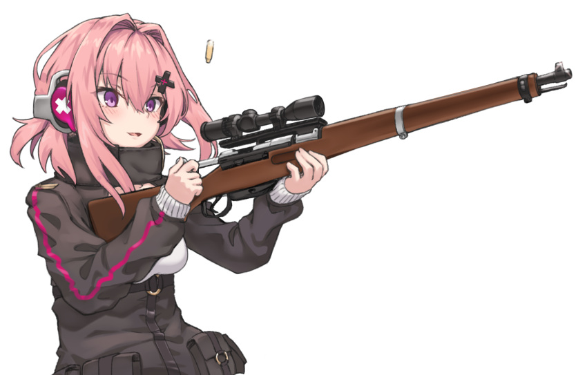 1girl eyebrows_visible_through_hair girls_frontline gun hair_between_eyes hair_intakes hair_ornament hairclip headphones highres holding holding_gun holding_weapon ivan_wang k31 k31_(girls_frontline) long_sleeves parted_lips pink_hair sidelocks simple_background solo tactical_clothes upper_body violet_eyes weapon white_background
