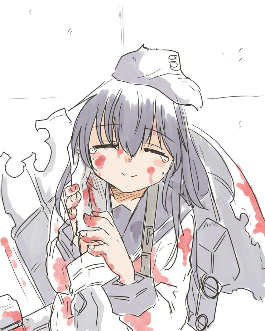 1girl akatsuki_(kantai_collection) anchor_symbol bangs blood blood_on_face bloody_clothes closed_eyes closed_mouth commentary_request crying eyebrows_visible_through_hair flat_cap gloves hair_between_eyes hat highres kantai_collection long_hair long_sleeves machinery poyo_(hellmayuge) purple_hair rigging school_uniform serafuku shield simple_background smile strap tears upper_body white_background white_gloves