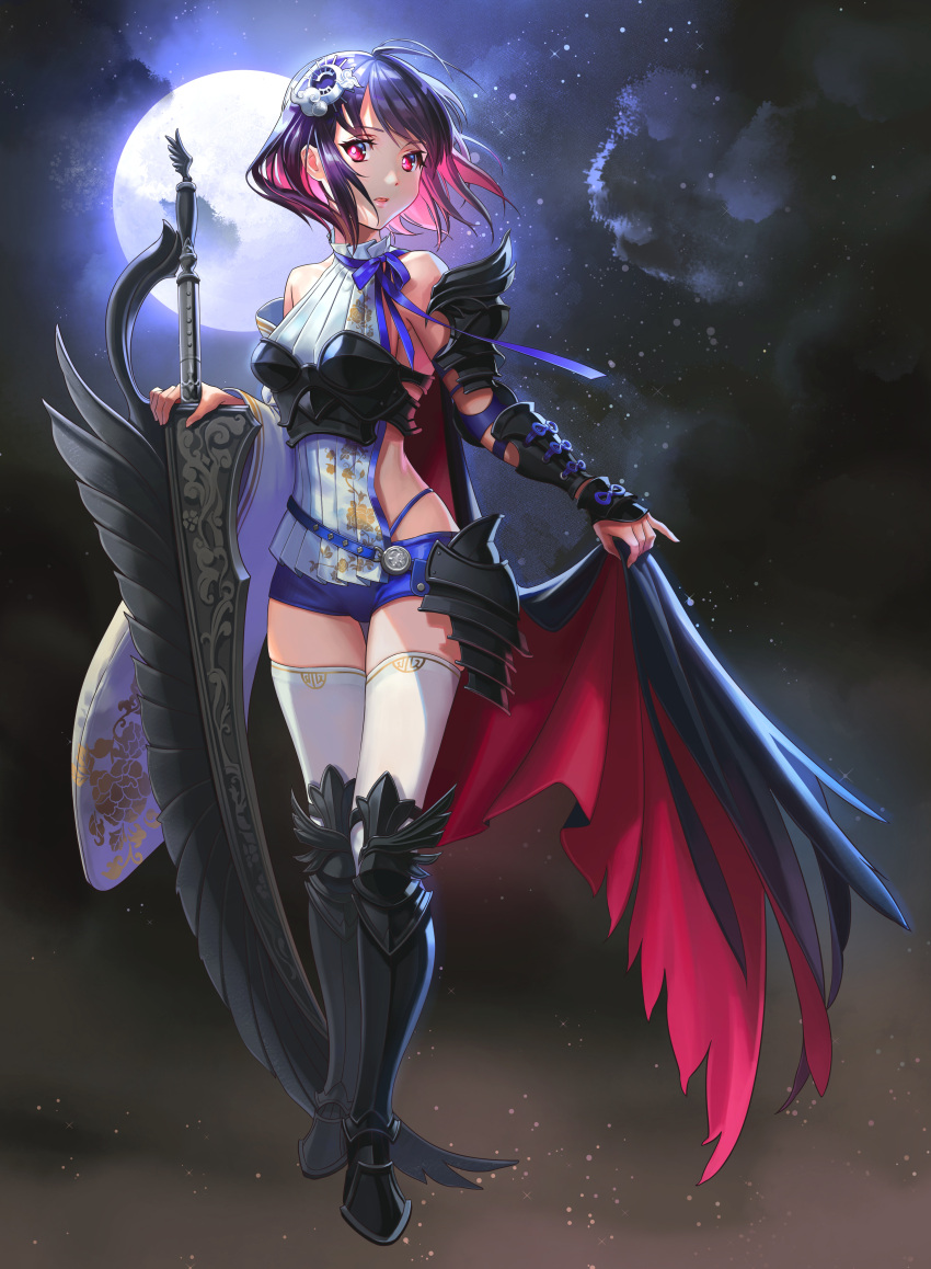 1girl absurdres armor black_cape black_footwear black_hair blue_ribbon blue_shorts boots bracer butyou_(mika1412) cape hair_ornament highres houchi_shoujo looking_at_viewer moon multicolored_hair night night_sky outdoors pink_eyes pink_hair ribbon short_hair short_shorts shorts sky sleeveless standing sword thigh-highs two-tone_hair weapon white_legwear
