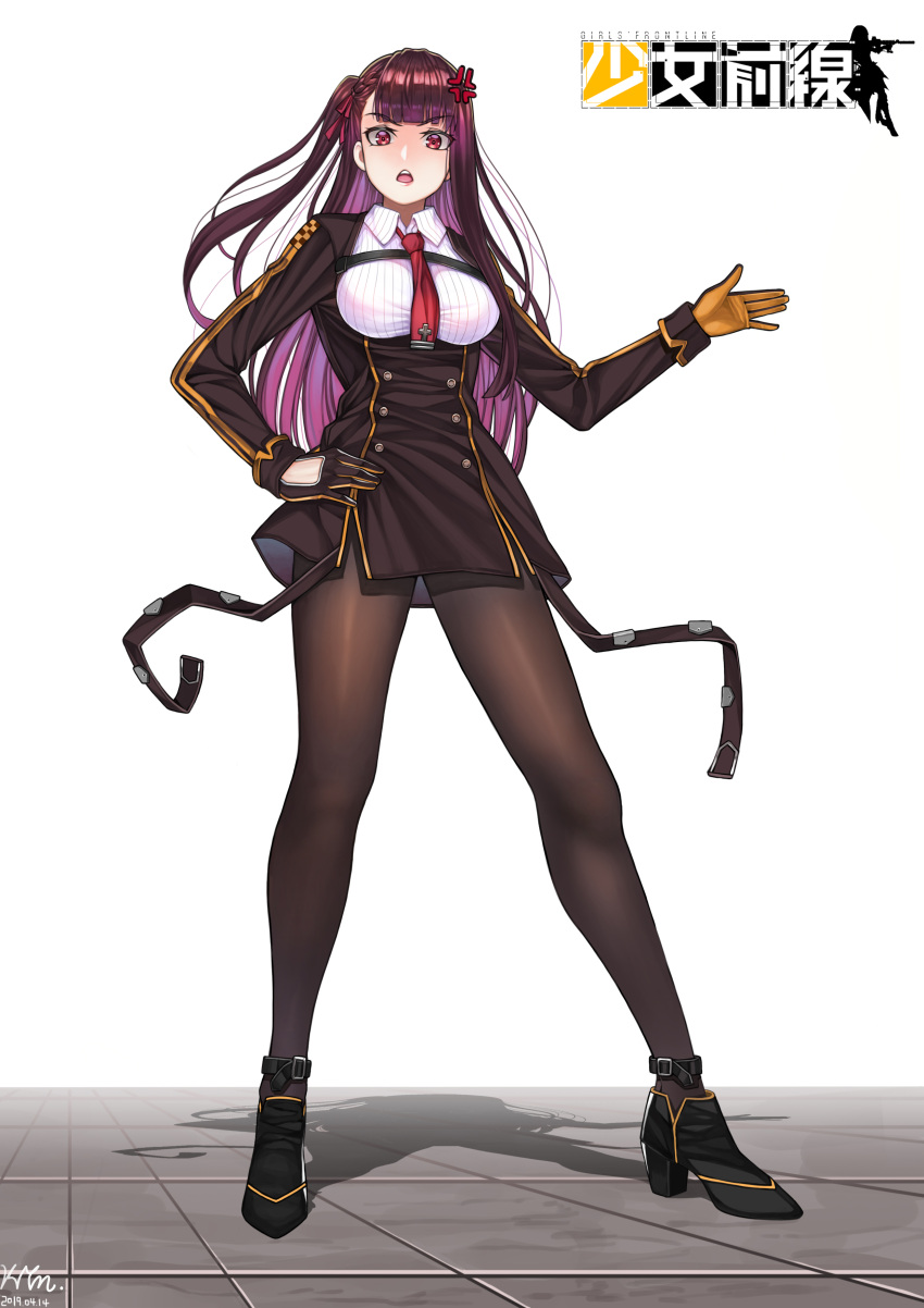 1girl absurdres ankle_strap bangs black_footwear black_legwear black_skirt blazer breasts brown_legwear dated eyebrows_visible_through_hair framed_breasts girls_frontline gloves hair_ribbon half_updo hand_on_hip hand_up high-waist_skirt highres jacket large_breasts long_hair looking_at_viewer looking_away nanni_jjang necktie one_side_up open_mouth pantyhose purple_hair red_eyes red_neckwear ribbon shirt shoes signature simple_background skirt solo thighband_pantyhose tsundere very_long_hair wa2000_(girls_frontline) white_background