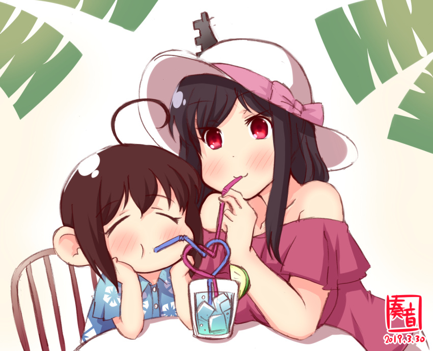 2girls ahoge alternate_costume artist_logo bangs bare_shoulders black_hair child closed_eyes collarbone crazy_straw cup dated dress drinking drinking_glass drinking_straw food fruit glass hair_ornament hat hawaiian_shirt head_rest heart_straw highres ice ice_cube kanon_(kurogane_knights) kantai_collection lime_(fruit) multiple_girls red_eyes shared_drink shigure_(kantai_collection) shirt short_hair short_sleeves sidelocks signature sitting smile strapless strapless_dress sun_hat white_headwear yamashiro_(kantai_collection) younger