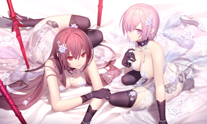 2girls anklet arm_support artoria_pendragon_(all) artoria_pendragon_(lancer_alter) artoria_pendragon_(lancer_alter)_(cosplay) ass babydoll bangs bare_shoulders black_panties blush bracelet breasts choker cleavage commentary_request cosplay craft_essence eyebrows_visible_through_hair fate_(series) gae_bolg garter_belt glasses gloves hair_between_eyes hair_over_one_eye hand_on_own_chest high_heels highres jewelry large_breasts lingerie long_hair looking_at_viewer lying mash_kyrielight multiple_girls navel necklace on_stomach open_mouth panties pink_hair purple_hair red_eyes revealing_clothes royal_icing scathach_(fate)_(all) scathach_(fate/grand_order) see-through shinooji short_hair sitting smile thigh-highs underwear very_long_hair violet_eyes white_footwear yokozuwari