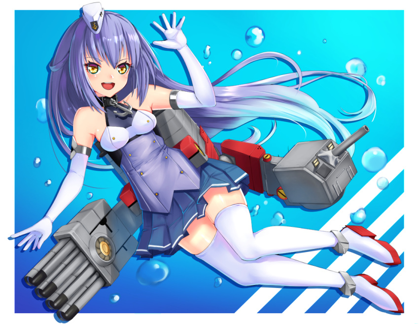 0625a 1girl anchor azur_lane blue_hair breasts cannon character_request collar detached_sleeves dixie_cup_hat full_body hat long_hair looking_at_viewer military_hat open_mouth rigging sleeveless small_breasts solo thigh-highs torpedo torpedo_tubes waving weapon white_legwear yellow_eyes