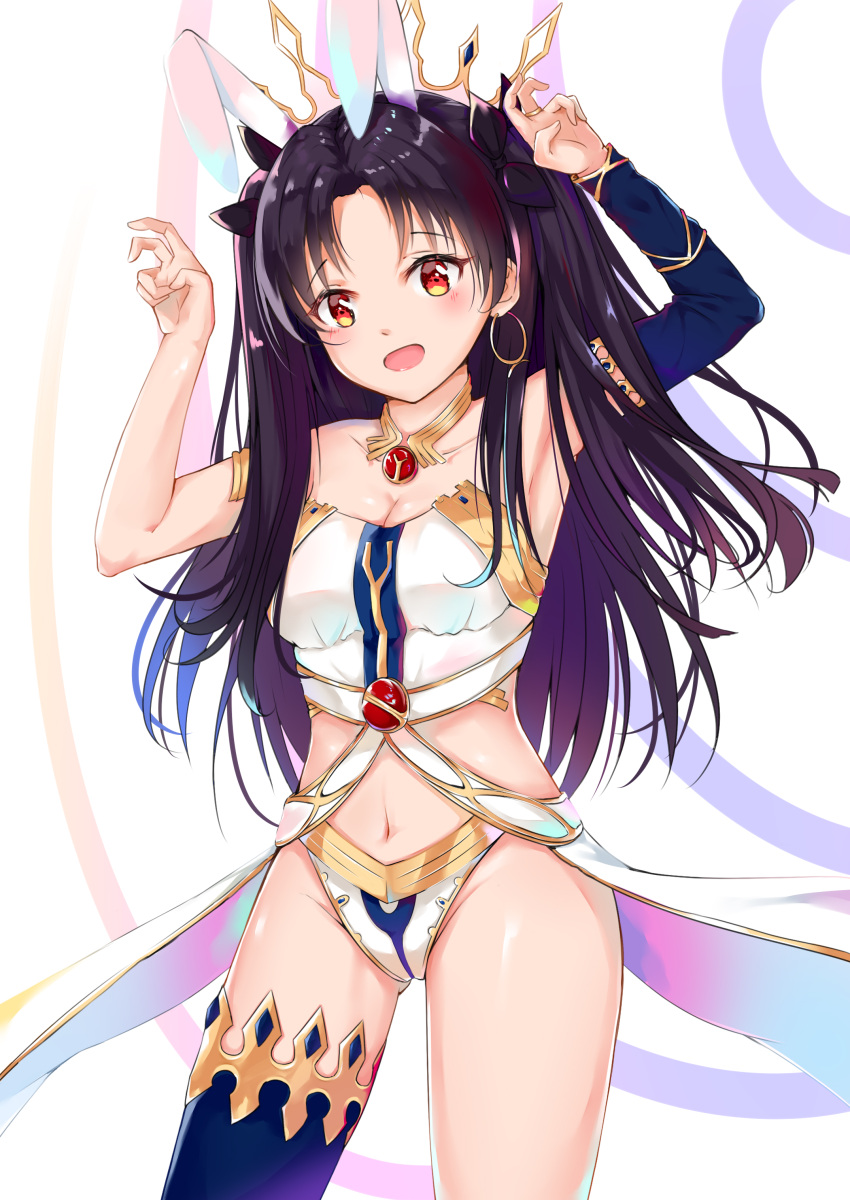 1girl absurdres animal_ears asymmetrical_legwear asymmetrical_sleeves bangs bare_shoulders black_hair black_legwear blush breasts bunny_ears_prank cleavage collarbone commentary_request crown detached_collar earrings elbow_gloves fate/grand_order fate_(series) gloves hair_ribbon hands_up highres hoop_earrings ishtar_(fate/grand_order) jewelry long_hair looking_at_viewer medium_breasts navel neck_ring open_mouth parted_bangs rabbit_ears red_eyes ribbon single_elbow_glove single_thighhigh sleeveless smile solo standing strapless thigh-highs tming two_side_up