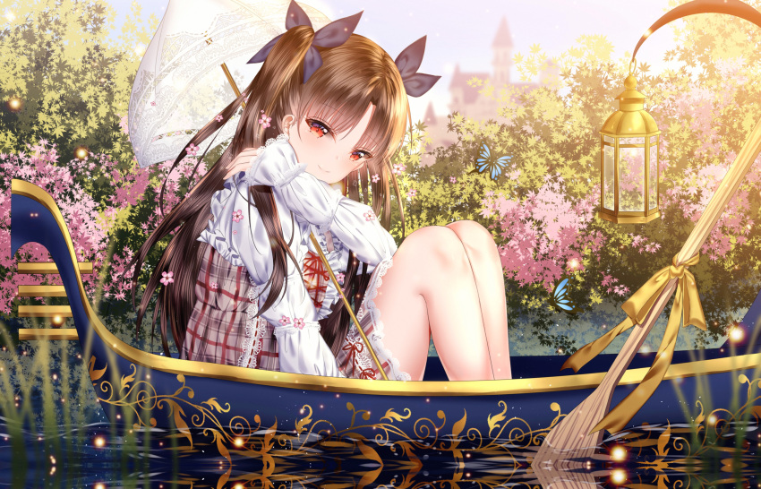 1girl absurdres alternate_costume bangs bare_legs black_ribbon blush boat brown_dress brown_hair bush castle closed_mouth commentary day dress eyebrows_visible_through_hair fate/grand_order fate_(series) fireflies hair_ribbon highres holding holding_umbrella ishtar_(fate/grand_order) junpaku_karen knees_up lace-trimmed_sleeves long_hair long_sleeves looking_at_viewer outdoors paddle parted_bangs plaid plaid_dress plant red_eyes reflection ribbon shirt sitting sleeves_past_wrists smile solo symbol_commentary two_side_up umbrella very_long_hair water watercraft white_shirt yellow_ribbon
