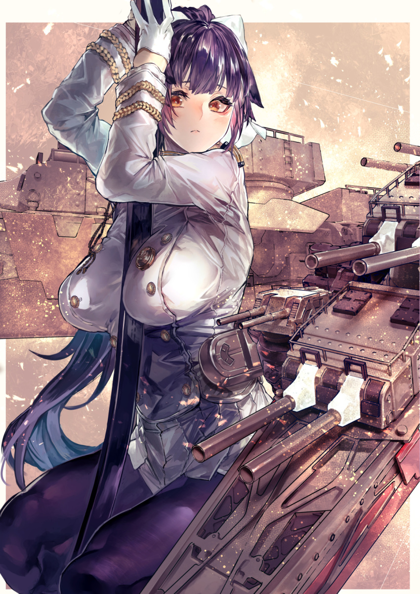 1girl animal_ears azur_lane bangs black_hair black_legwear blush bow breasts brown_eyes eyebrows_visible_through_hair gloves hair_bow hair_flaps highres holding holding_sword holding_weapon large_breasts long_hair looking_at_viewer military military_uniform miniskirt pantyhose pleated_skirt ponytail ribbon rigging signo_aaa skirt solo squatting sword takao_(azur_lane) uniform very_long_hair weapon white_bow