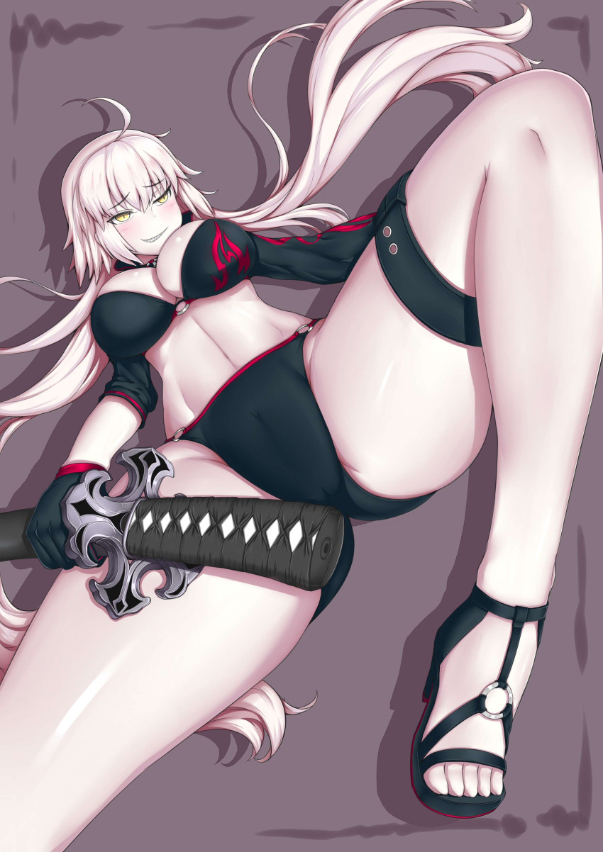 1834317030 1girl absurdres ahoge bikini black_bikini black_footwear breasts fate/grand_order fate_(series) foreshortening from_below grin highres jeanne_d'arc_(alter_swimsuit_berserker) jeanne_d'arc_(fate)_(all) katana large_breasts long_hair midriff sandals sharp_teeth smile smug solo spread_legs swimsuit sword teeth thigh_strap toes very_long_hair weapon white_hair