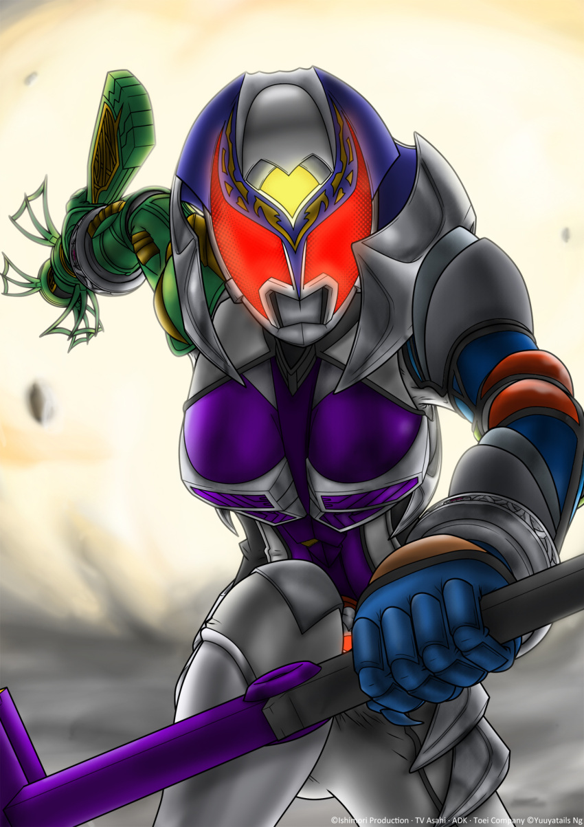 1girl armor belt breasts commentary explosion glowing glowing_eyes gun hammer helmet highres holding holding_gun holding_hammer holding_weapon kamen_rider kamen_rider_dcd kamen_rider_kivala looking_at_viewer medium_breasts red_eyes solo solo_focus weapon yuuyatails
