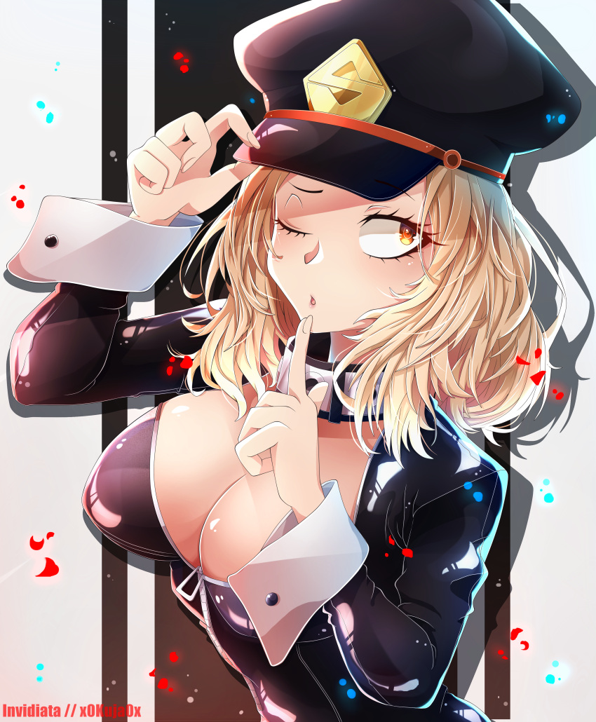 1girl absurdres artist_name black_bodysuit blonde_hair bodysuit boku_no_hero_academia breasts brown_eyes cleavage commentary_request hand_on_headwear hat highres invidiata large_breasts long_hair long_sleeves looking_at_viewer looking_up one_eye_closed parted_lips peaked_cap solo unzipped upper_body utsushimi_kemii