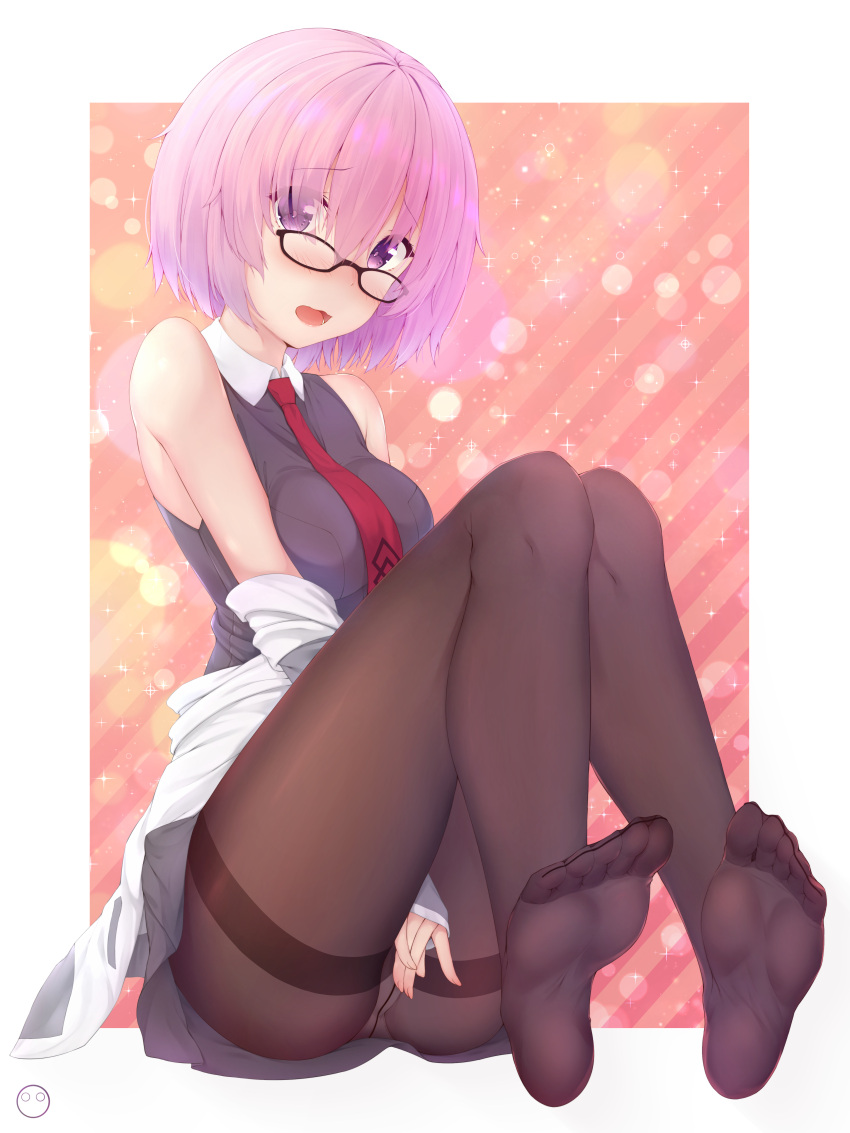 1girl absurdres between_legs black-framed_eyewear black_dress black_legwear blush border breasts collared_dress dress eyebrows_visible_through_hair eyes_visible_through_hair fate/grand_order fate_(series) feet full_body glasses hair_between_eyes hair_over_one_eye hand_between_legs highres jacket john_zerowb lavender_hair legs looking_at_viewer mash_kyrielight medium_breasts necktie nose_blush open_clothes open_jacket open_mouth outside_border panties panties_under_pantyhose pantyhose pink_background red_neckwear short_hair sitting sleeves_past_wrists soles sparkle thighband_pantyhose thighs underwear violet_eyes wavy_mouth white_border white_panties