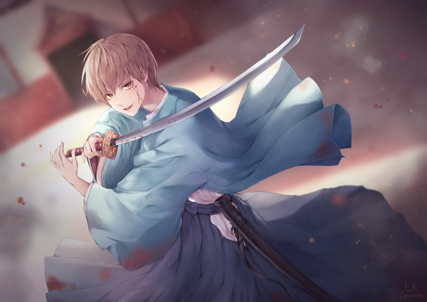 1boy blood blood_on_face blue_hakama blurry blurry_background brown_hair dutch_angle gintama hair_between_eyes hakama haori holding holding_sword holding_weapon japanese_clothes katana la_campanella looking_at_viewer male_focus okita_sougo outdoors red_eyes sheath shinsengumi short_hair solo sword unsheathed weapon