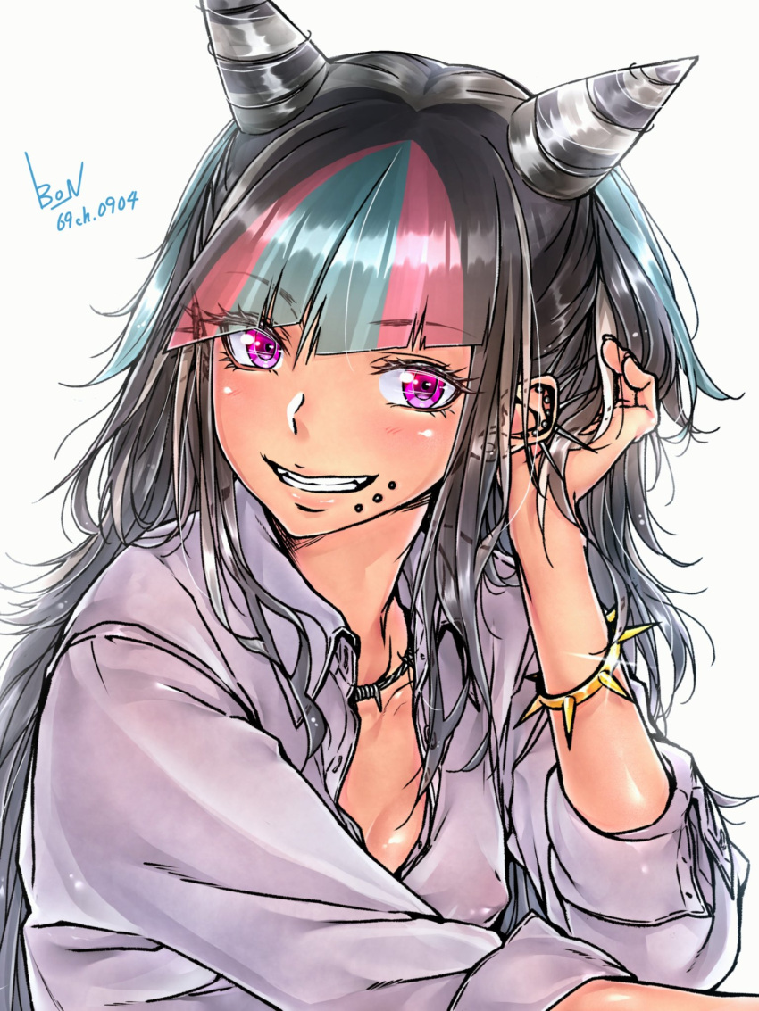 1girl black_hair blue_hair bracelet breasts chin_piercing cleavage collarbone collared_shirt covered_nipples dangan_ronpa dress_shirt ear_piercing grin hand_in_hair highlights highres jewelry long_hair looking_at_viewer mioda_69ch mioda_ibuki multicolored_hair necklace no_bra open_clothes open_shirt piercing pink_eyes pink_hair shiny shiny_skin shirt signature simple_background small_breasts smile solo super_dangan_ronpa_2 unbuttoned unbuttoned_shirt upper_body very_long_hair white_background white_shirt wing_collar