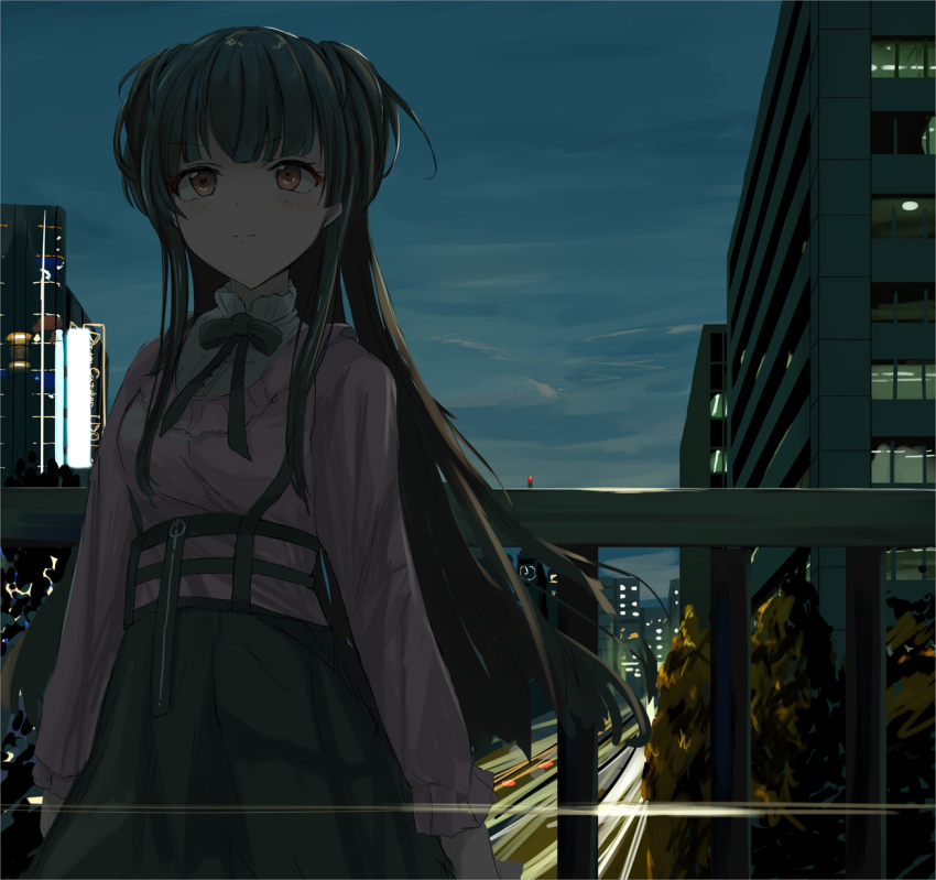 1girl bangs black_hair black_skirt blue_sky blush brown_eyes building closed_mouth clouds cloudy_sky commentary_request doran_(dorannomai) eyebrows_visible_through_hair highres idolmaster idolmaster_shiny_colors long_hair long_sleeves looking_away mayuzumi_fuyuko night night_sky outdoors pink_shirt railing road shirt skirt sky solo two_side_up very_long_hair window