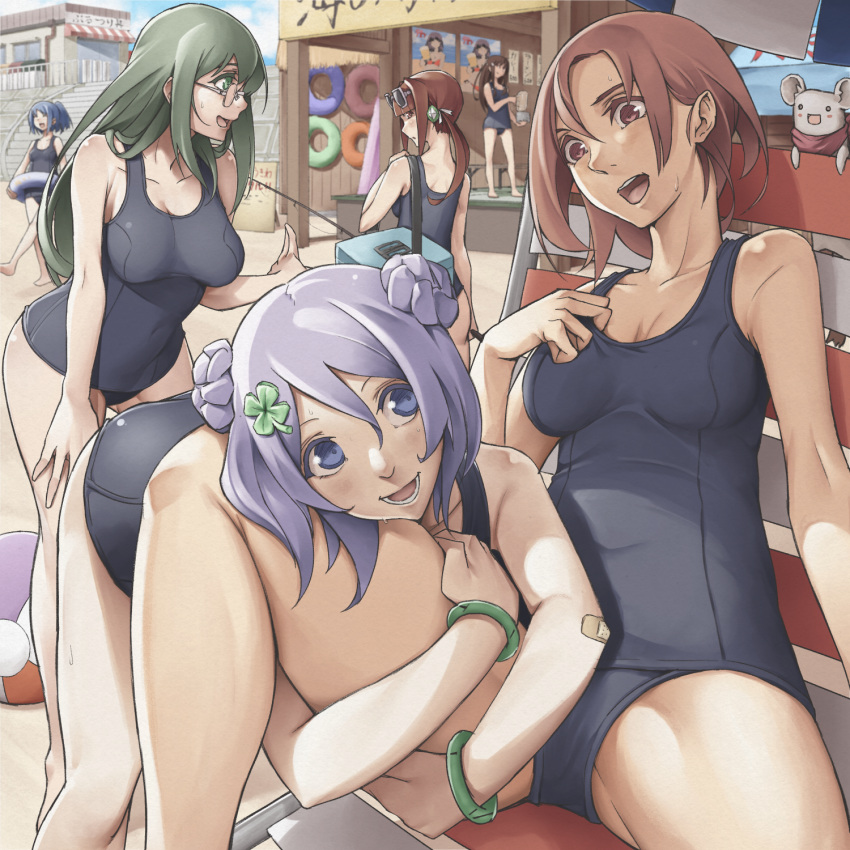 6+girls ai_(popotan) bandaid beach beach_chair beach_house bracelet breasts brown_eyes brown_hair character_request clover_hair_ornament double_bun eyewear_on_head fishing_rod glasses green_eyes green_hair hair_ornament highres hug innertube jewelry large_breasts long_hair looking_back mea_(popotan) mii_(popotan) multiple_girls nono_(popotan) one-piece_swimsuit open_mouth popotan poster_(object) purple_hair puruchorin smile sweatdrop swimsuit twintails unagi violet_eyes