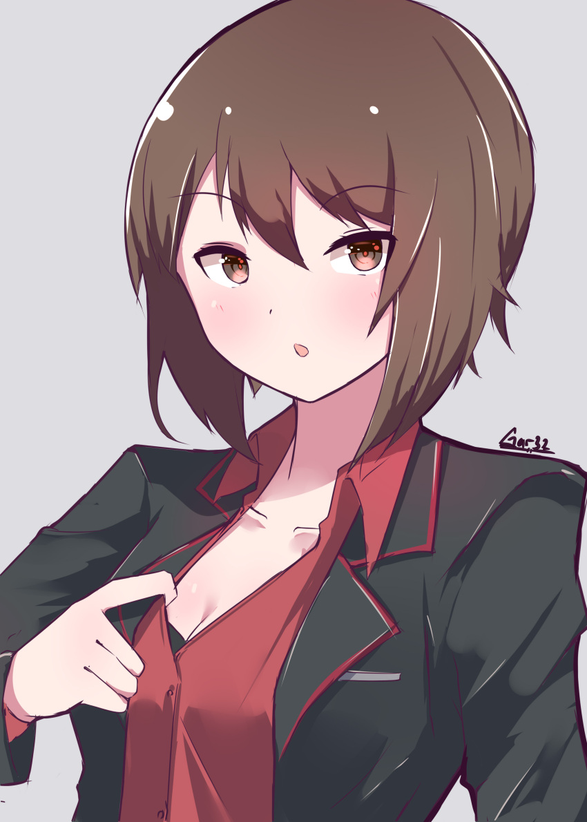 1girl absurdres artist_name blush breasts brown_eyes brown_hair chestnut_mouth cleavage collarbone girls_und_panzer grey_background highres kuromorimine_military_uniform looking_at_viewer medium_breasts nishizumi_maho open_mouth shirt_pull short_hair solo tegar32 upper_body