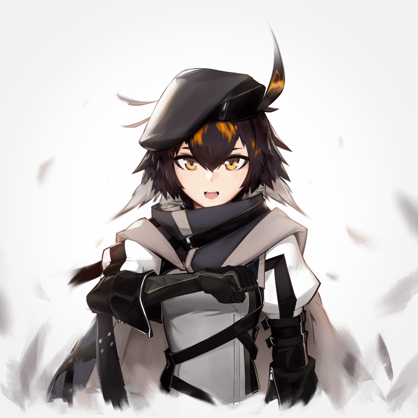 1girl absurdres arknights bangs beret black_hair blurry blurry_background cloak commentary_request deel_(rkeg) feathers gloves grey_hair hair_between_eyes hat high_collar highres looking_at_viewer multicolored_hair open_mouth puffy_sleeves solo upper_body white_background