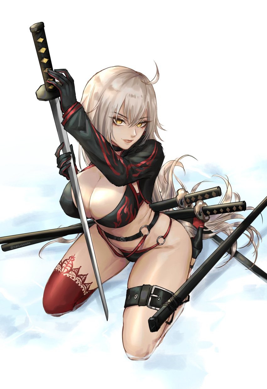 1girl ahoge bikini black_bikini black_choker black_gloves black_jacket breasts choker cleavage cropped_jacket fate/grand_order fate_(series) from_above gloves high_heels highres jacket jeanne_d'arc_(alter_swimsuit_berserker) jeanne_d'arc_(fate)_(all) katana kurisustinah large_breasts long_hair o-ring o-ring_bikini o-ring_bottom o-ring_top red_legwear scabbard shallow_water sheath shrug_(clothing) single_thighhigh solo swimsuit sword thigh-highs thigh_strap very_long_hair weapon white_background white_hair yellow_eyes