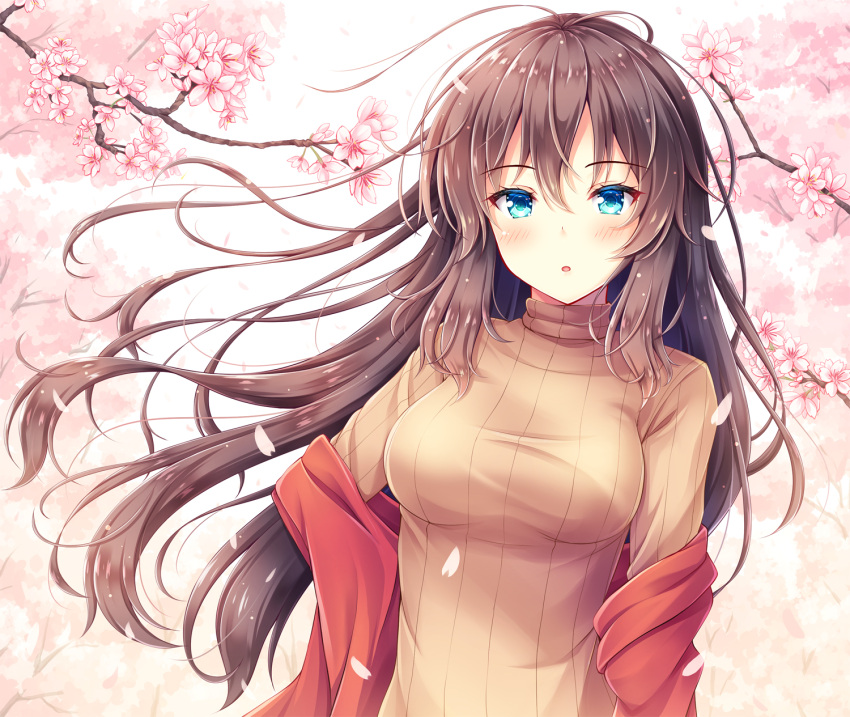 1girl akashio_(loli_ace) bangs blue_eyes blush breasts brown_hair brown_sweater cherry_blossoms commentary_request eyebrows_visible_through_hair floating_hair flower hair_between_eyes highres large_breasts long_hair looking_at_viewer original parted_lips petals pink_flower ribbed_sweater shawl solo sweater tree_branch turtleneck turtleneck_sweater very_long_hair white_background wind