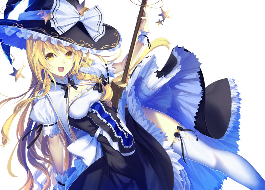 1girl :d apron bangs black_bow black_dress black_headwear black_neckwear black_ribbon blonde_hair bow braid breasts broom center_frills cleavage commentary_request dress eyebrows_visible_through_hair feet_out_of_frame hair_bow hat hat_bow holding holding_broom kirisame_marisa long_hair looking_at_viewer medium_breasts neck_ribbon open_mouth petticoat puffy_short_sleeves puffy_sleeves ribbon short_sleeves simple_background single_braid smile solo star thigh-highs thighs touhou vivo101 waist_apron white_apron white_background white_bow white_legwear witch_hat wrist_cuffs yellow_eyes