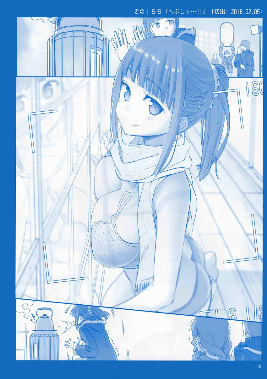 1girl absurdres against_glass ass bangs bikini blue_theme bra breast_press breasts butt_crack camisole cheer-chan_(tawawa) cleavage coat cold eyebrows_visible_through_hair getsuyoubi_no_tawawa heater highres himura_kiseki large_breasts light looking_at_viewer modeling monochrome panties pot range_finder reflector_(photography) scan scarf smile sneezing solo_focus swimsuit trembling underwear viewfinder